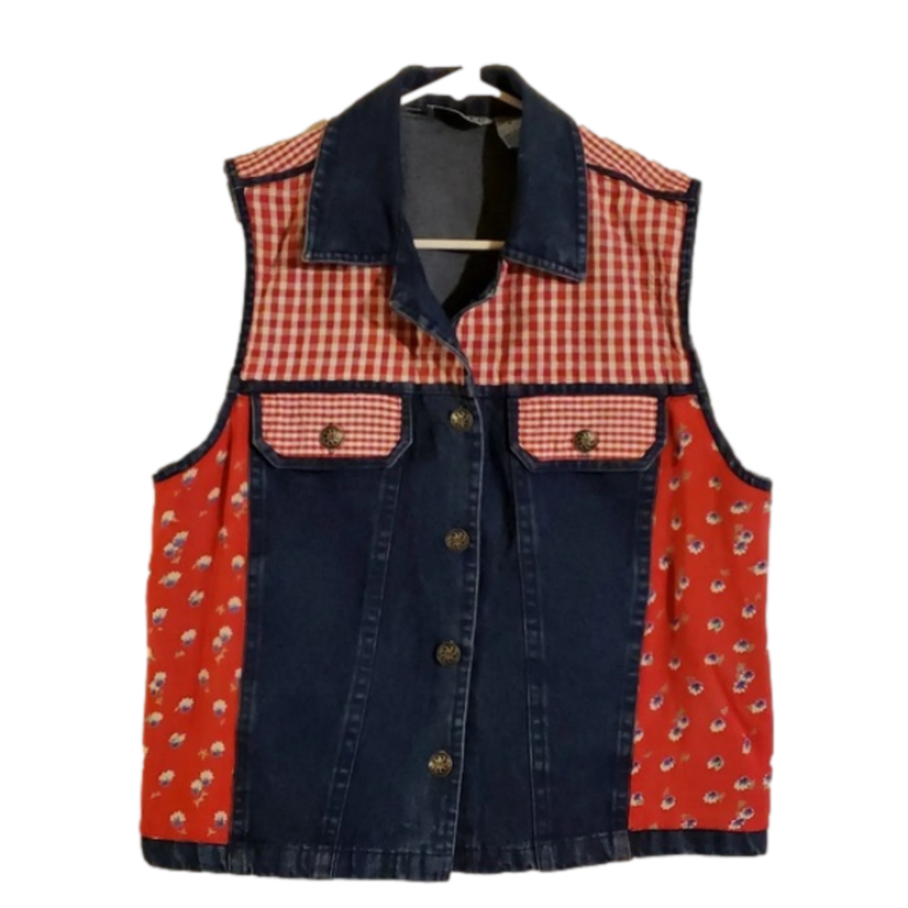 Shelly & Arnold Y2K Denim Multi Print Vest Blue Red Small